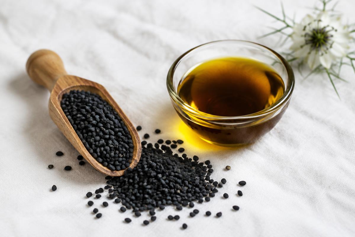 Black Nigella sativa seeds in a small bowl